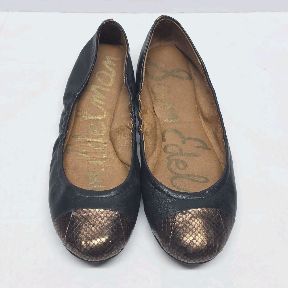 Sam Edelman Baxton Black Leather Bronze Snake Skin Print Ballet Flats Size 8